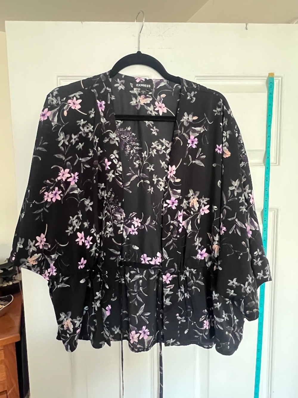 Express Floral Kimono Cardigan Short Robe Jacket - Black with Purple & Pink, M